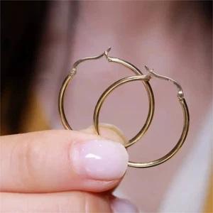 Pure 18K AU750 Yellow Gold Circle Women 20mm 25mm 30mm Hoop Earrings - Picture 1 of 16