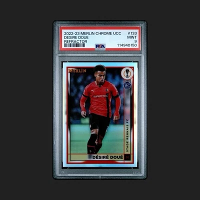 2022-2023 Topps Merlin Chrome UCC Désiré Doué Rookie Refractor PSA Mint 9 Pop 9 - Image 1 of 3