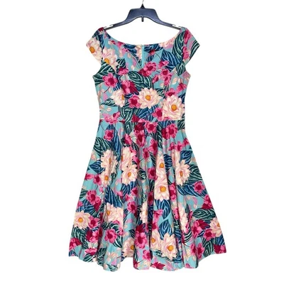 Hell Bunny Fit & Flare Dress M Floral Retro Hawaiian Split V Cap Sleeve - Image 1 of 4