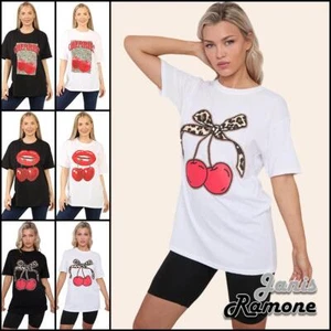 Damen Kurzarm T-Shirt Kirschlippen Leopardenmuster Freizeit Oversize Baggy Top - Bild 1 von 40