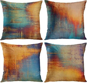 Set of 4 Throw Pillow Covers Vintage Abstract Blue and Orange Messy Rust Pain... - Picture 1 of 3