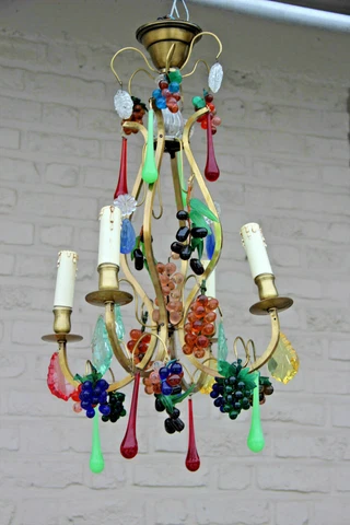 Murano Hand blown grapes flowers multi colour chandelier pendant 1960s Cover