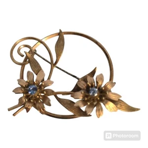 Vintage Gold Toned Flowers with Blue Rhinestones Brooch Pin SEE PICS DETAILS - Picture 1 of 10