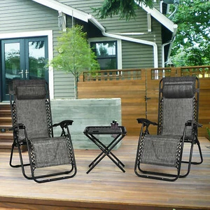 3PCS Zero Gravity Recliner Lounge Chairs Pillows Table Portable Folding Grey - Picture 1 of 9