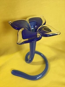 Blue Handblown Glass Flower Spiral Swirl Stem Vase Lavorazione Arte Murano 6.5” - Picture 1 of 10