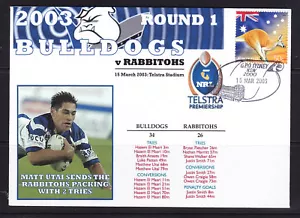 SPORTS COVER: RUGBY LEAGUE 2003 BULLDOGS V RABBITOHS MATT UTAI SCORES!! AGAIN. - Foto 1 di 1