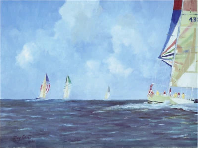 1990 年复古印花 Maxie Race 帆船南加州海油画图像 — 第 1/3 张图片