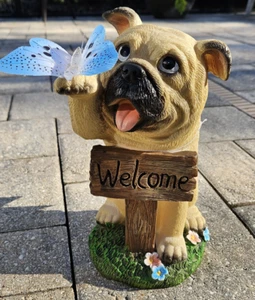 Welcoming Pug Garden Statue with Solar Butterfly - Picture 1 of 12