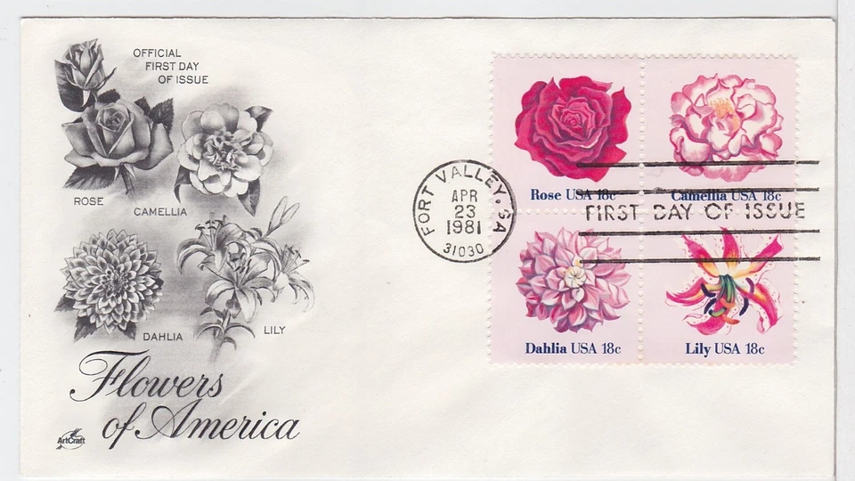 TurtlesTradingPost- American Flowers Block of 4 1981- FDC #1876-79 - Artcraft - Image 1 of 1