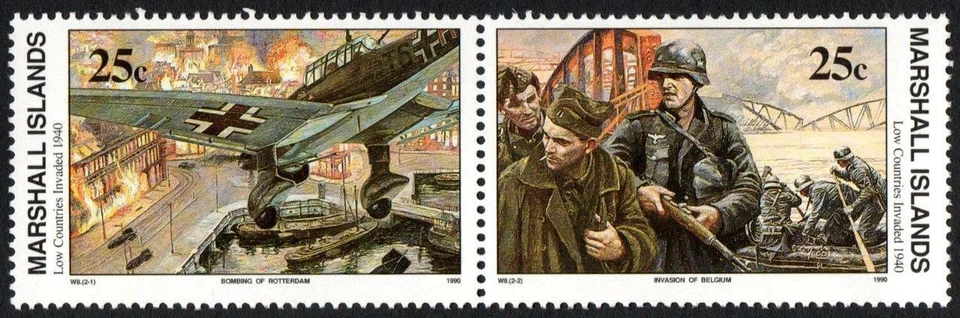 MARSHALL ISLANDS, SCOTT # 249-250, ATTACHED PAIR - ROTTERDAM AND BELGIUM INVADED - Image 1 of 1