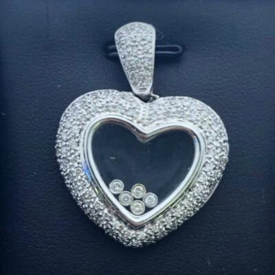 18k Bianco Oro e Diamanti a Pavé Cuore Floating Diamante Design Collana Regalo - Immagine 1 di 3