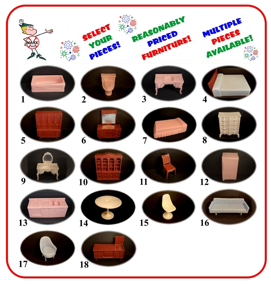 Muebles vintage para casa de muñecas estilo provincial francés plástico blando escala 1/2" MARX Foto 1 de 1