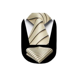 Mens Tie Yellow Necktie and Pocket Square Set Cream Classic Formal Business S... - Picture 1 of 7