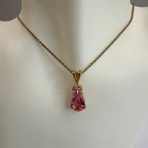 Pink Sapphire& Rhinestone Pendant Teardrop Gemstone Necklace Gold Tone 16”-18” - Picture 1 of 6