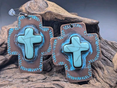 Vtg. Hand-Made Southwestern Tribal Cross Copper Metal & Faux Turquoise Earrings - Image 1 of 4