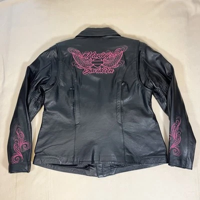 Chaqueta corta de cuero Harley Davidson alas rosas bordadas equipo de equitación vintage Foto 1 de 4