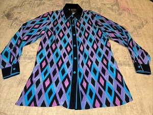 Bob Mackie Wearable Art Silk Diamond Blue Pink Button Up Womens Shirt Sz Medium - Bild 1 von 4