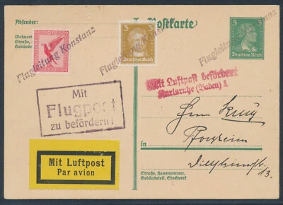 Dt. Reich Stempel Flugleitung Konstanz Luftpostkarte nach Pforzheim (S23411) - Bild 1 von 2