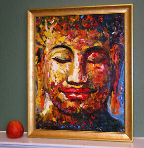 Vintage Oil on Canvas Painting 'Buddha' Signed Sophal, Gilded Frame 21.5"x17.5in