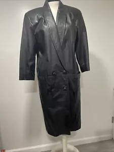 VTG G-III 80S Black Leather Long Duster Jacket Trenchcoat Womens Size Small - Picture 1 of 10