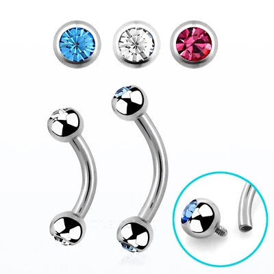 16G Double Gem Surgical Steel Internally Threaded Curved Barbell Eyebrow Ring - Image 1 of 2