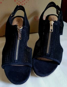 EURO SOFIT Slingback Black Wedge Espadrille Open Toe 9M Leather Upper NWB  - Picture 1 of 10