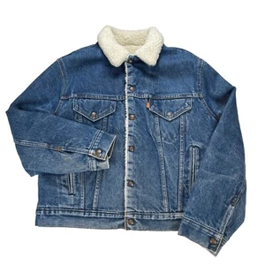 Vintage Levi’s Sherpa Lined Denim Trucker Jacket Orange Tab Size 44 USA Made - Picture 1 of 19
