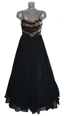 Vestido Joy Stevens Vintage Años 80 Negro y Plata Lentejuelas Gasa Fiesta Baile de graduación talla 6 Foto 1 de 2