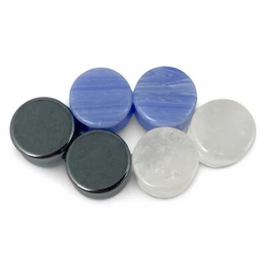Set 3 pairs Double Flare Stone Plugs (Cloudy Quartz, Hematite, Blue Lace) gauges - Picture 1 of 4