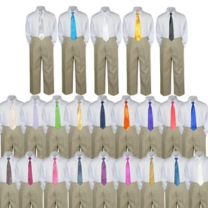 Baby Toddler Kid Boys Wedding Formal 3pc Set White Shirt KHAKI PANTS Necktie S-7 - Picture 1 of 25