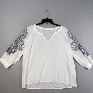 Pure Jill Damen Tunika Oberteil XL weiß bestickt Blumenärmel Baumwolle V-Ausschnitt - Bild 1 von 11