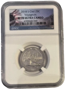 2018-S Clad PF 70 Ultra Cameo Voyageurs 25C Washington Flag Label - Picture 1 of 2
