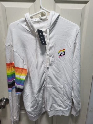 NUEVO CON ETIQUETAS PELOTON 2021 ORGULLO ~ Sudadera con capucha blanca plomo con amor cremallera completa... Foto 1 de 4