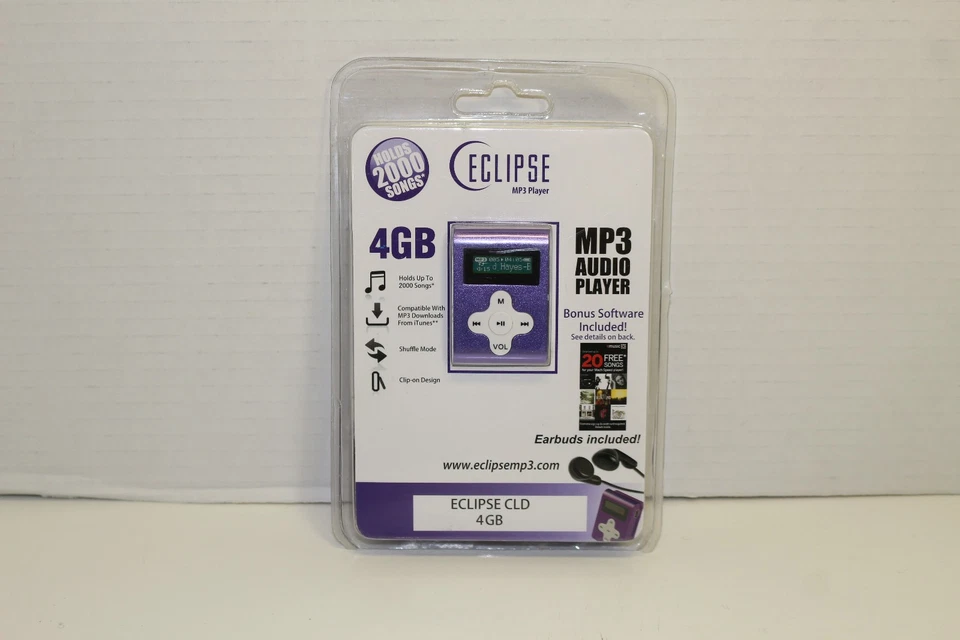 NEW Eclipse 4GB MP3 AUDIO Player PURPLE CLIP HOLDS UP TO 2000 SONGS NOS - Image 1 of 4
