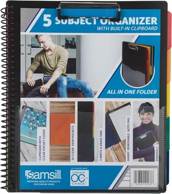 Samsill 5 Subject Spiral School Organizer with Clipboard and Single, Black  - Image 1 of 4