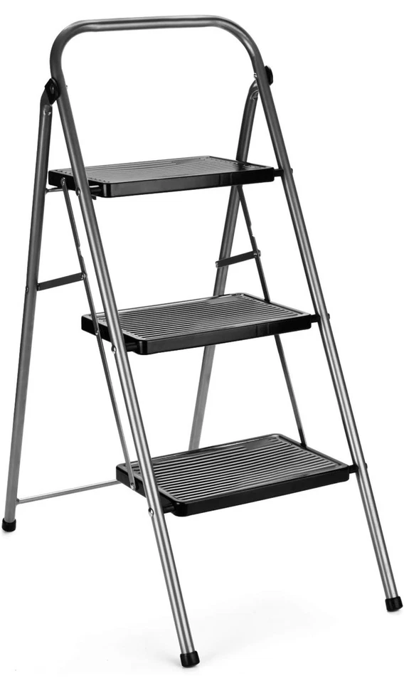 3 Step Ladder Folding Step Stool Anti-Slip with Wide Pedal Handrai 330LB Grey - Image 1 of 4