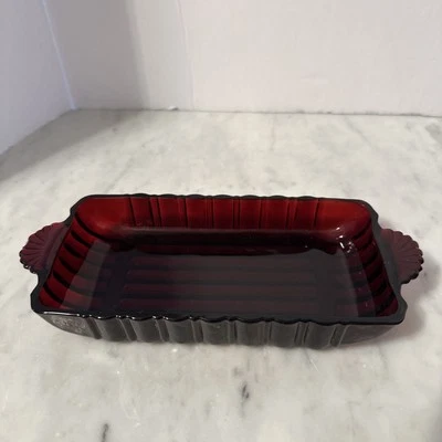 Vintage Anchor Hocking Ruby Red Relish Butter Cheese Trinket Tray 8 1/2 Long - Image 1 of 4