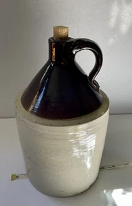 VTG Stoneware Jug With Handle Two Tone Brown Salt Glazed Crock With Cork - Picture 1 of 22