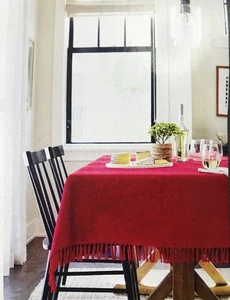 Threshold Tablecloth Red Oblong 60x84" Fringe Country Farmhouse Cotton Red Xmas - Picture 1 of 6