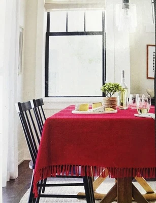 Threshold Tablecloth Red Oblong 60x84" Fringe Country Farmhouse Cotton Red Xmas - Image 1 of 4