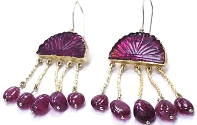 Indian Drop Earrings Red Rubi Color  18K Yellow Gold Unique Design - Image 1 of 4