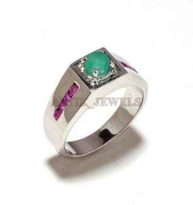 Anillo De Plata Esterlina 925 Con Ónix Verde Y Rubí Calentado Para Hombre #721 - Imagen 1 de 3