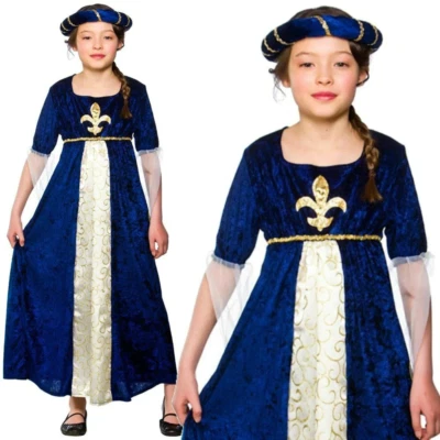 Girls Tudor Princess Medieval Fancy Dress Costume Book Week Blue Kids S-XL - Image 1 of 2
