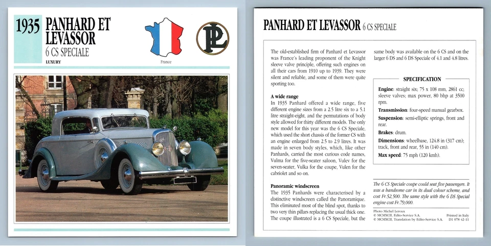 Panhard Et Levassor 6 CS Speciale 1935 Luxury Classic Cars Collectors Club Card - Image 1 of 1
