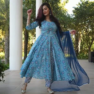 Women Floral Printed Anarkali Kurta and Pant Set with Dupatta, Indian Suit Sets - Picture 1 of 7