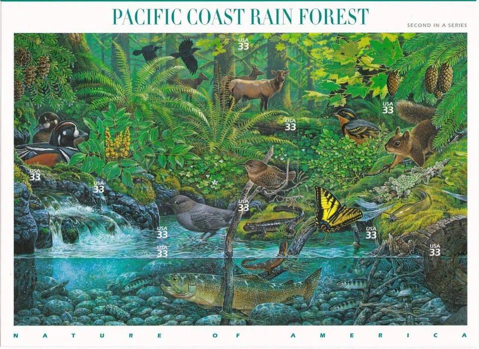 Four x 10 = 40 of Nature of America PACIFIC COAST RAIN FOREST 33¢ US Stamps 3378 - Image 1 of 4
