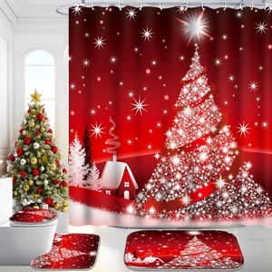 Christmas Bathroom Set Decor,Shower Curtain Sets with Rugs(Bath Mat,U Shape & To - Picture 1 of 11