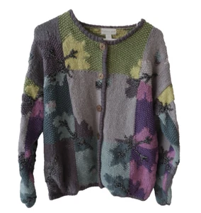 Womens Vintage 90s Northern Isles Cardigan Size Medium Pastel Leaves Cottagecore - Picture 1 of 14