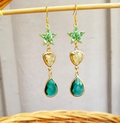 14k Gold Peridot Citrine & Emerald Earrings, Australian Crystal Long Earrings  - Image 1 of 4