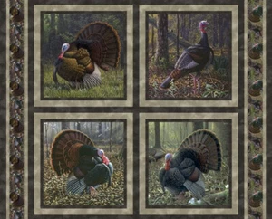 Wild Turkeys Gobblers Hens Turkey Digital 36x44" Cotton Pillow Panel Set - Picture 1 of 1